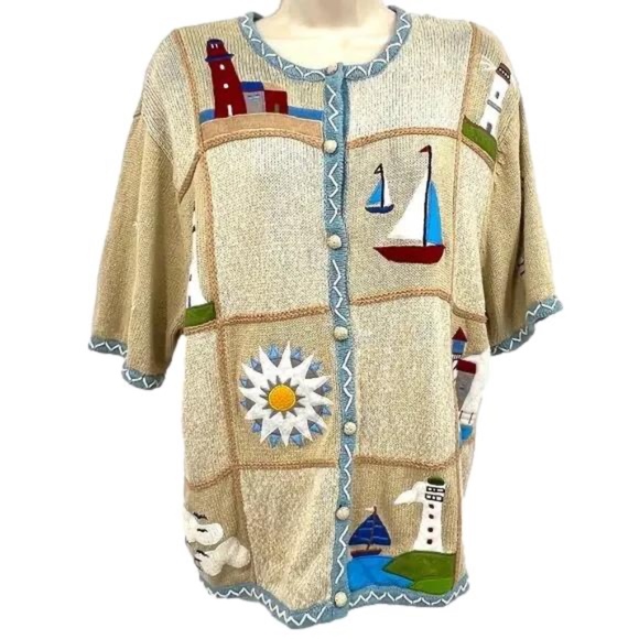 Vintage Cardigan Women's XL Novelty Embroidered Nautical Grandmacore Cottagecore - Picture 1 of 6
